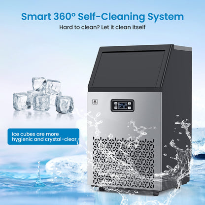 Aconee 150LBS/24H Commercial Ice Maker, Ice Maker Machine with 33LBS Storage Capacity, Stainless Steel Ice Machine for Undercounter or Freestanding, Self-Cleaning, 66 Ice Cubes Ready in 5-15Mins