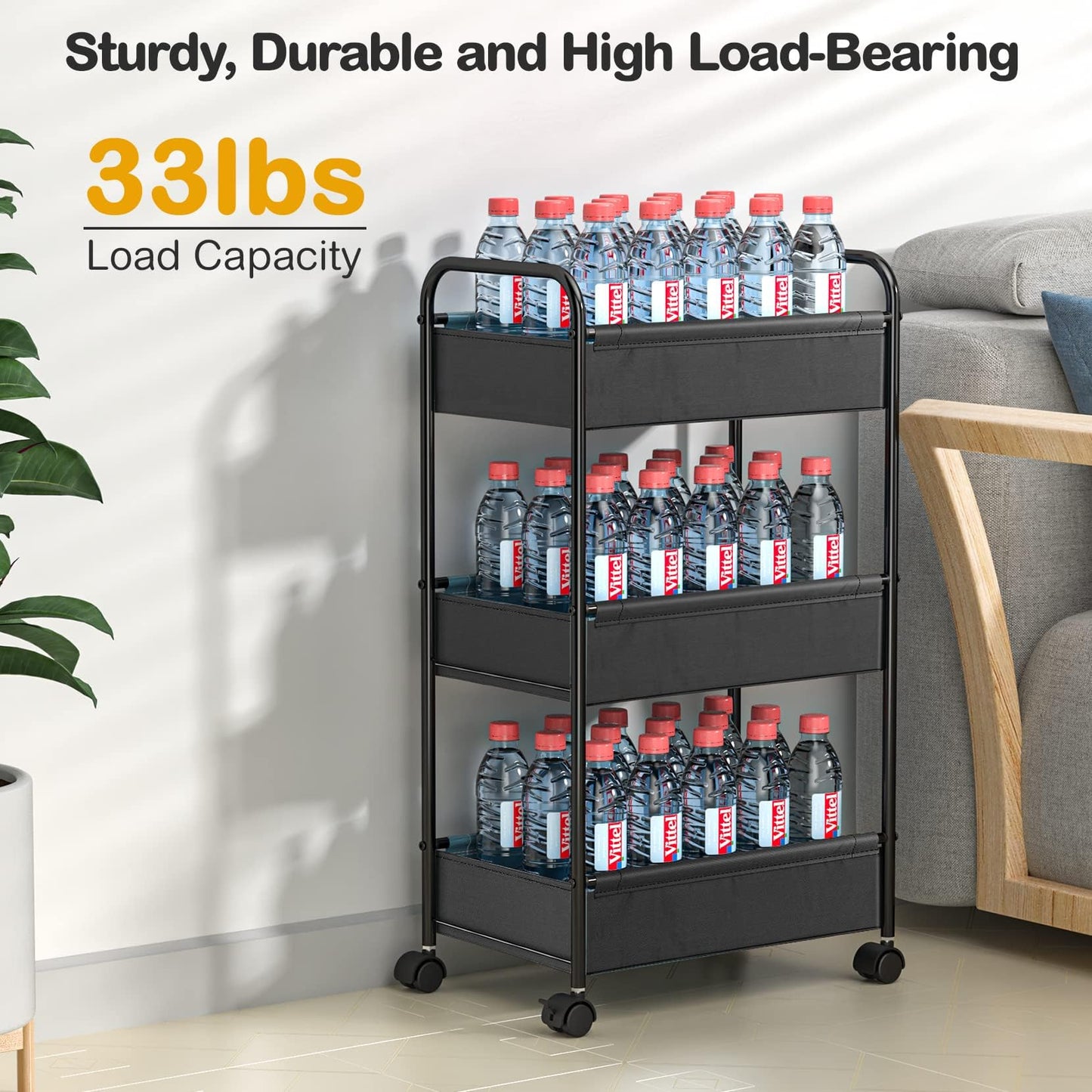 3 Tier Rolling Cart, YASONIC Storage Cart with Handle and Lockable Wheels,