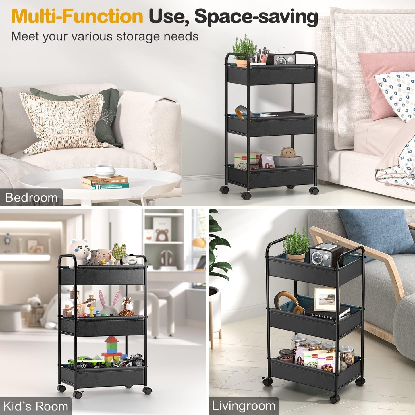 3 Tier Rolling Cart, YASONIC Storage Cart with Handle and Lockable Wheels,