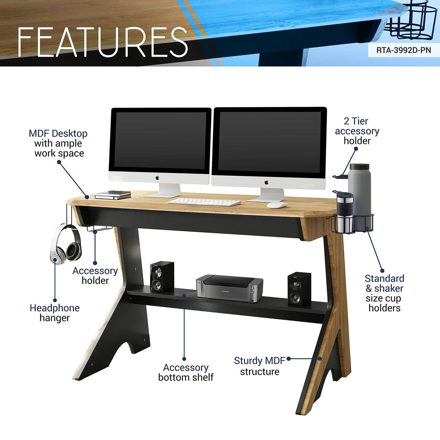 Techni Mobili Home Office Computer Writing Desk with  Two Cupholders and Headphone Hook, Pine
