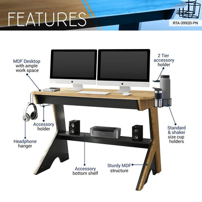 Techni Mobili Home Office Computer Writing Desk with  Two Cupholders and Headphone Hook, Pine