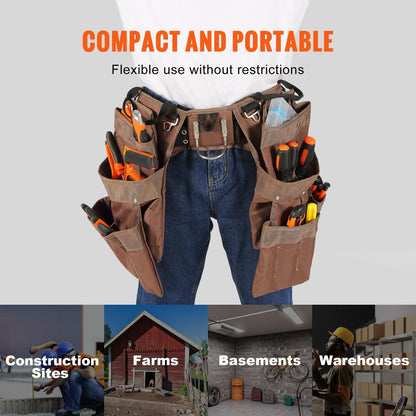 VEVOR Tool Belt, 19 Pockets, Adjusts from 32 Inches to 54 Inches, Polyester Heavy Duty Tool Pouch Bag, Detachable Tool Bag for Electrician, Carpenter, Handyman, Woodworker, Construction, Framer, Brown