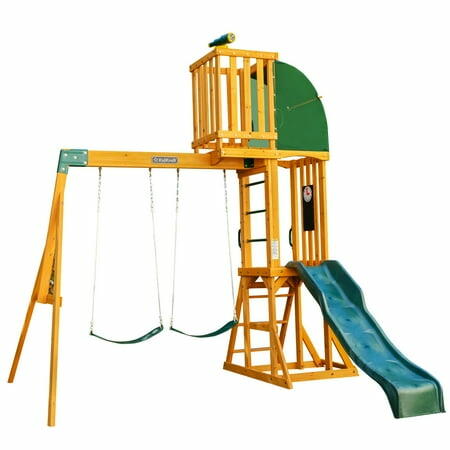 KidKraft Hawk Tower Wooden Swing Set with Slide and 2 Belt Swings, 9.9 feet Tall