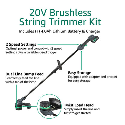 Amazon Brand - Denali by SKIL 20V Brushless 13-Inch String Trimmer Kit, Includes 4.0Ah Battery & Charger, Blue