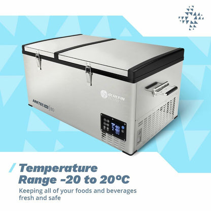 Bluefin Active Arktec Duo 80L | Portable Travel Fridge | Advanced Cooling & Freezing Technology | Energy Efficient Charging | Dual Storage Compartments | Smartphone App Control | LCD | AC & DC