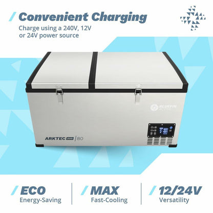 Bluefin Active Arktec Duo 80L | Portable Travel Fridge | Advanced Cooling & Freezing Technology | Energy Efficient Charging | Dual Storage Compartments | Smartphone App Control | LCD | AC & DC