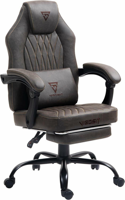 Vigosit High-Back Gaming Chair – Adjustable Ergonomic Computer Chair with Vintage Leather, Lumbar Massage Function & Pull-Out Footrest for Home & Office (Basic Brown)