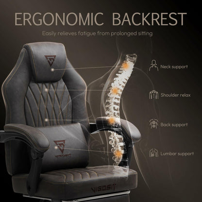 Vigosit High-Back Gaming Chair – Adjustable Ergonomic Computer Chair with Vintage Leather, Lumbar Massage Function & Pull-Out Footrest for Home & Office (Basic Brown)