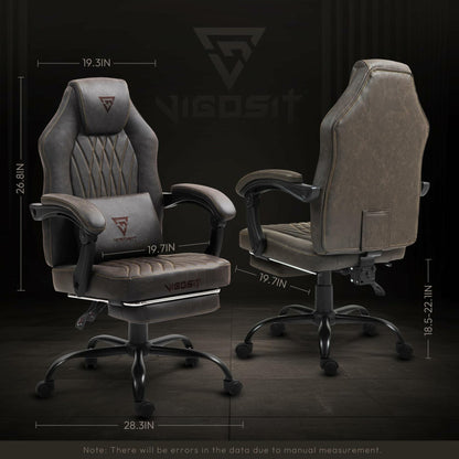 Vigosit High-Back Gaming Chair – Adjustable Ergonomic Computer Chair with Vintage Leather, Lumbar Massage Function & Pull-Out Footrest for Home & Office (Basic Brown)