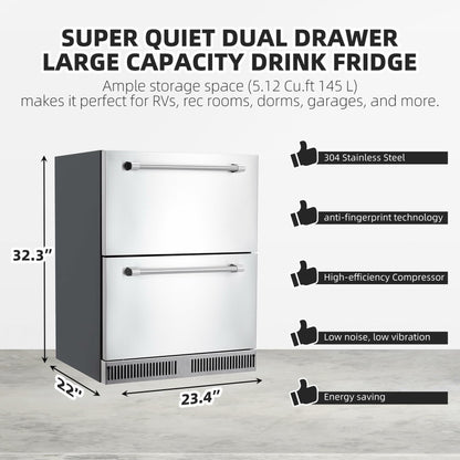 CuisinAid 24 inch Undercounter Refrigerator, 5.12 Cu.Ft Outdoor Fridge for Patio, Wine and Beverage Refrigerator, Drawer Refrigerator Under Counter Fridge Ideal for Home and Commercial
