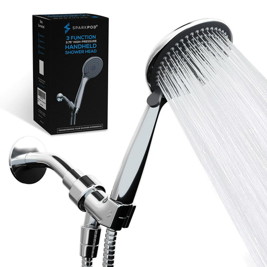 SparkPod High Pressure 3-Function Handheld Shower Head with 5 ft. Hose and Bracket - 3.75" Wide Angle Rain, Massage & Full Body Spray Modes - Luxury Design - Tool-less 1-Min Installation (Chrome)