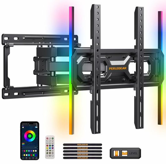 Perlegear Pre-Assembled TV Wall Mount with LED Lights for 26-65 inch TVs up to 99 lbs, Swivel, Extension, Tilt, TV Backlights with Music Sync, Fits 16”/12” Wood Studs, Max VESA 400x400mm, PGMF20