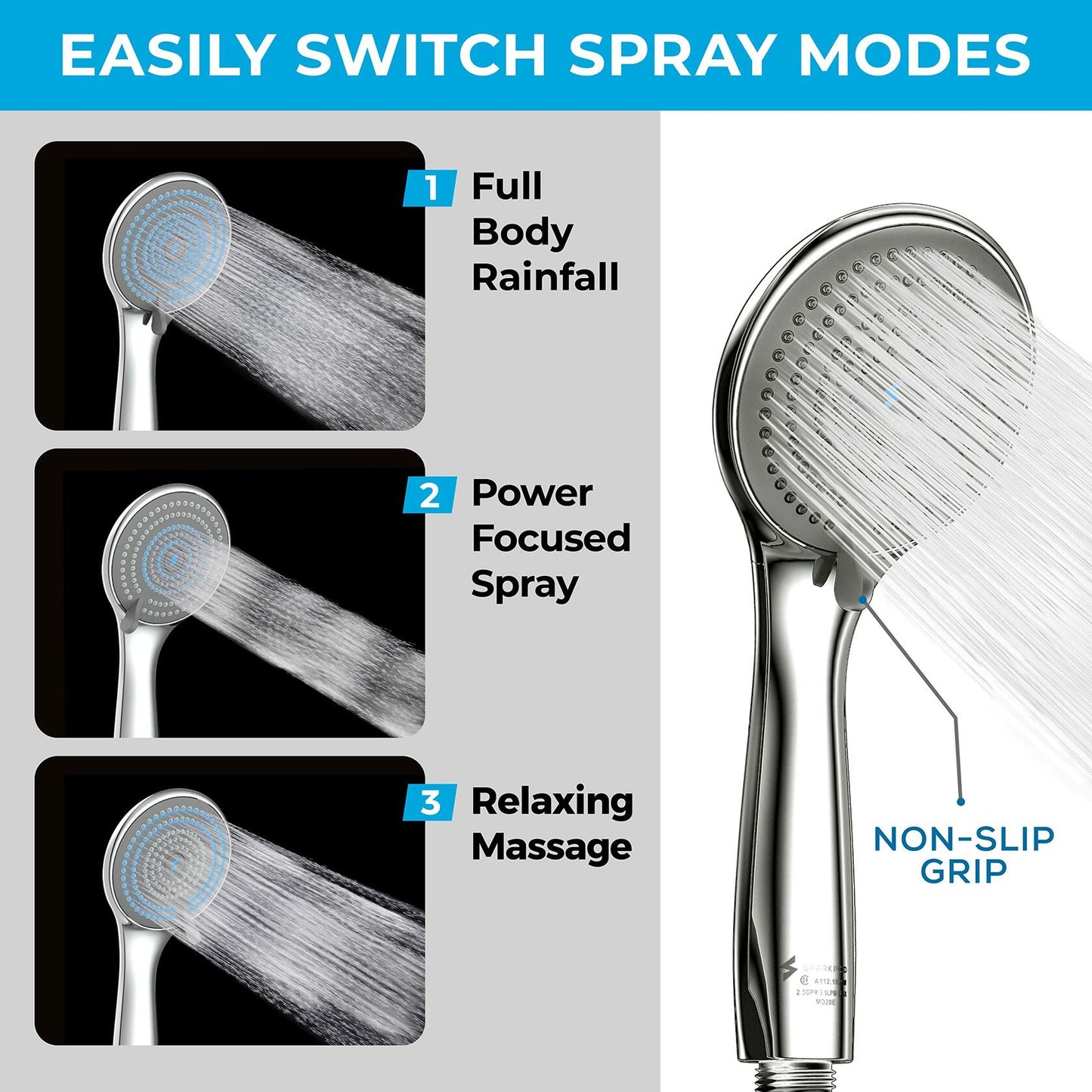 SparkPod High Pressure 3-Function Handheld Shower Head with 5 ft. Hose and Bracket - 3.75" Wide Angle Rain, Massage & Full Body Spray Modes - Luxury Design - Tool-less 1-Min Installation (Chrome)