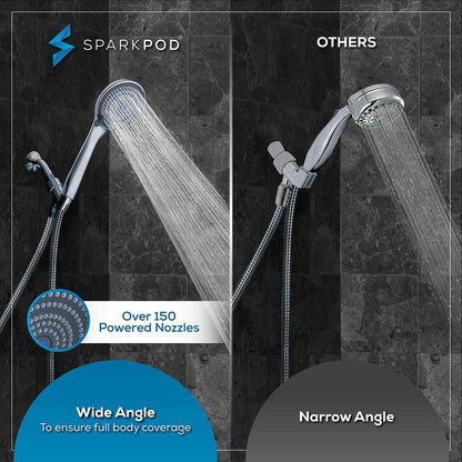 SparkPod High Pressure 3-Function Handheld Shower Head with 5 ft. Hose and Bracket - 3.75" Wide Angle Rain, Massage & Full Body Spray Modes - Luxury Design - Tool-less 1-Min Installation (Chrome)