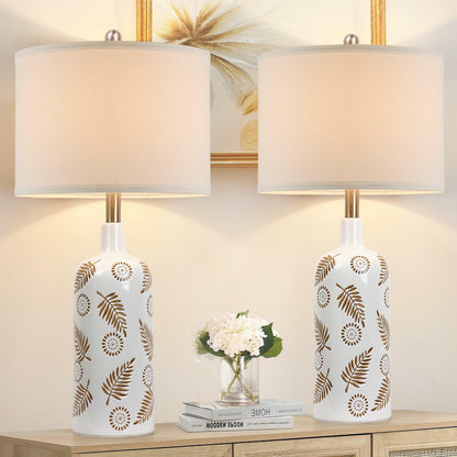 TOBUSA Farmhouse Ceramic Table Lamps Set of 2, 25in White Ceramic Bedside Lamps with Handmade Carved Patterns, Rustic Modern Tall Living Room Nightstand Lamp Sets for End Table Reading Dorm Desk