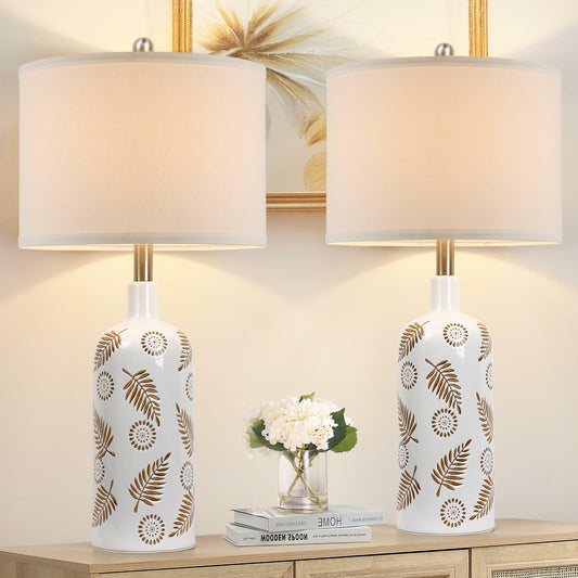 TOBUSA Farmhouse Ceramic Table Lamps Set of 2, 25in White Ceramic Bedside Lamps with Handmade Carved Patterns, Rustic Modern Tall Living Room Nightstand Lamp Sets for End Table Reading Dorm Desk