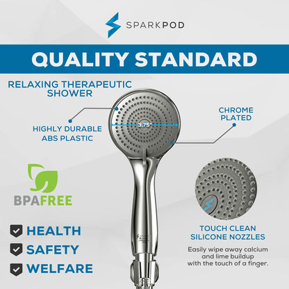 SparkPod High Pressure 3-Function Handheld Shower Head with 5 ft. Hose and Bracket - 3.75" Wide Angle Rain, Massage & Full Body Spray Modes - Luxury Design - Tool-less 1-Min Installation (Chrome)