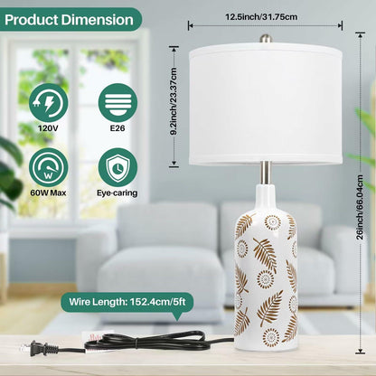 TOBUSA Farmhouse Ceramic Table Lamps Set of 2, 25in White Ceramic Bedside Lamps with Handmade Carved Patterns, Rustic Modern Tall Living Room Nightstand Lamp Sets for End Table Reading Dorm Desk
