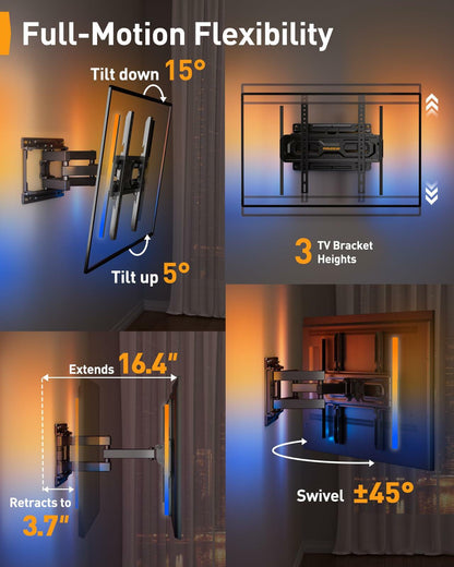 Perlegear Pre-Assembled TV Wall Mount with LED Lights for 26-65 inch TVs up to 99 lbs, Swivel, Extension, Tilt, TV Backlights with Music Sync, Fits 16”/12” Wood Studs, Max VESA 400x400mm, PGMF20