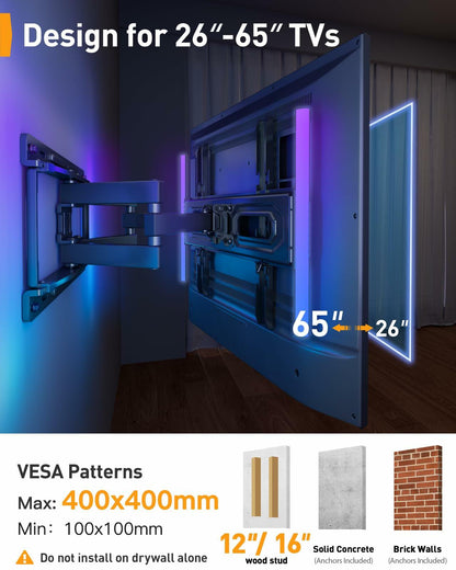 Perlegear Pre-Assembled TV Wall Mount with LED Lights for 26-65 inch TVs up to 99 lbs, Swivel, Extension, Tilt, TV Backlights with Music Sync, Fits 16”/12” Wood Studs, Max VESA 400x400mm, PGMF20