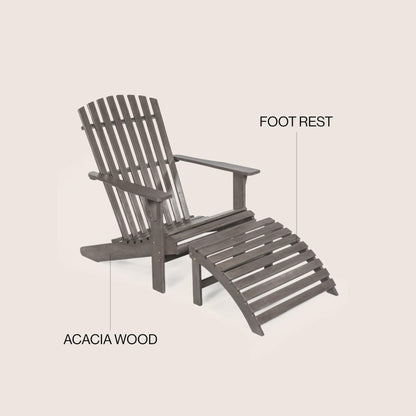 Saranac 2-Piece Traditional Rustic Acacia Wood Adirondack Chair with Detachable Ottoman, Gray Wash
