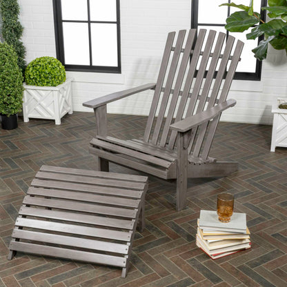 Saranac 2-Piece Traditional Rustic Acacia Wood Adirondack Chair with Detachable Ottoman, Gray Wash