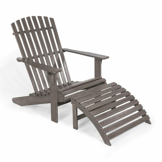 Saranac 2-Piece Traditional Rustic Acacia Wood Adirondack Chair with Detachable Ottoman, Gray Wash