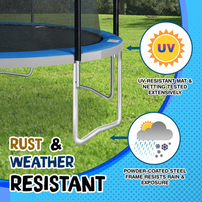 TruJump Outdoor Kids Trampoline with Heavy Duty Galvanized Rust Resistent Steel Frame: Safety Enclosure Net, ASTM Safety Standards, 14FT Round - Blue