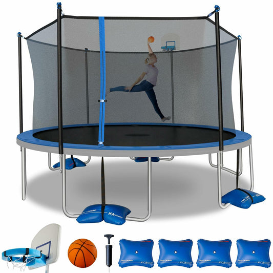 TruJump Outdoor Kids Trampoline with Heavy Duty Galvanized Rust Resistent Steel Frame: Safety Enclosure Net, ASTM Safety Standards, 14FT Round - Blue