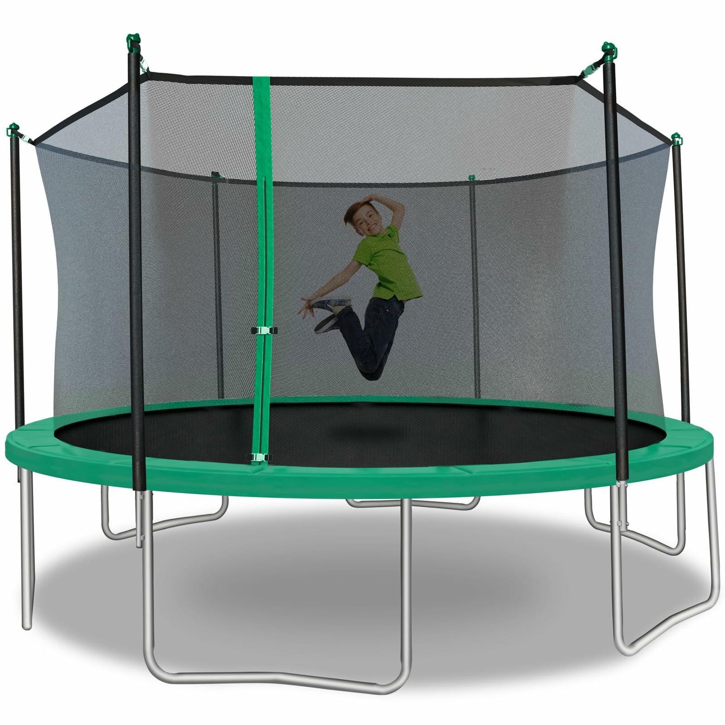 TruJump Round Trampoline with Heavy Duty Galvanized Rust Resistent Steel Frame: 6-Pole Safety Enclosure Combo, Meets ASTM Safety Standard, 14 Ft - Green