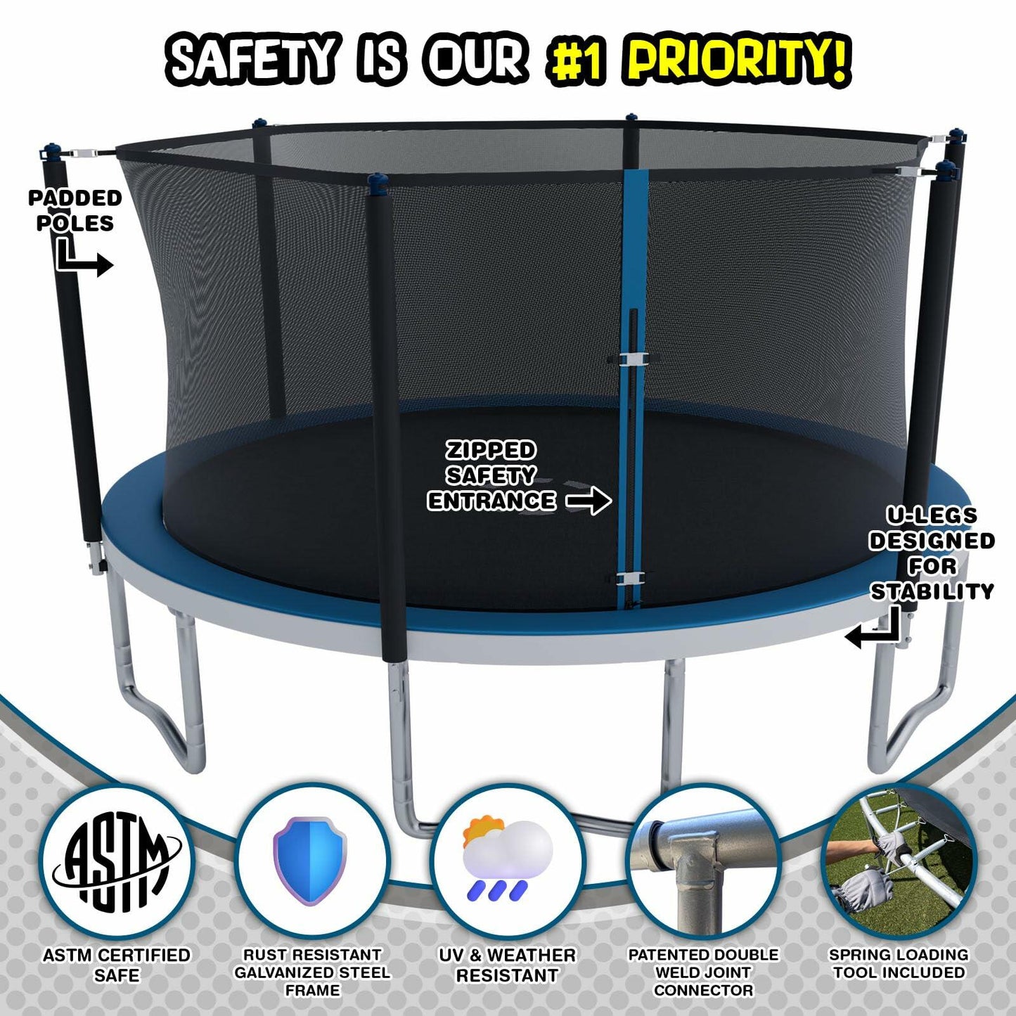 TruJump Round Trampoline with Heavy Duty Galvanized Rust Resistent Steel Frame: 6-Pole Safety Enclosure Combo, Meets ASTM Safety Standard, 14 Ft - Green