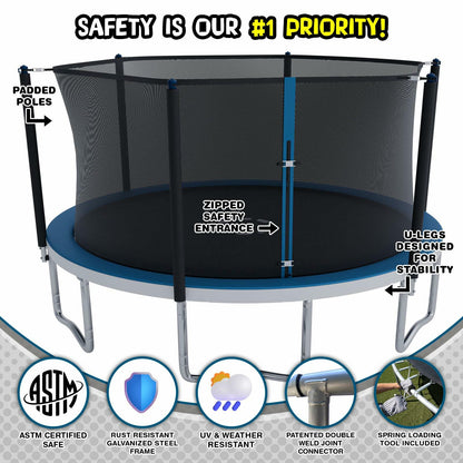 TruJump Round Trampoline with Heavy Duty Galvanized Rust Resistent Steel Frame: 6-Pole Safety Enclosure Combo, Meets ASTM Safety Standard, 14 Ft - Green