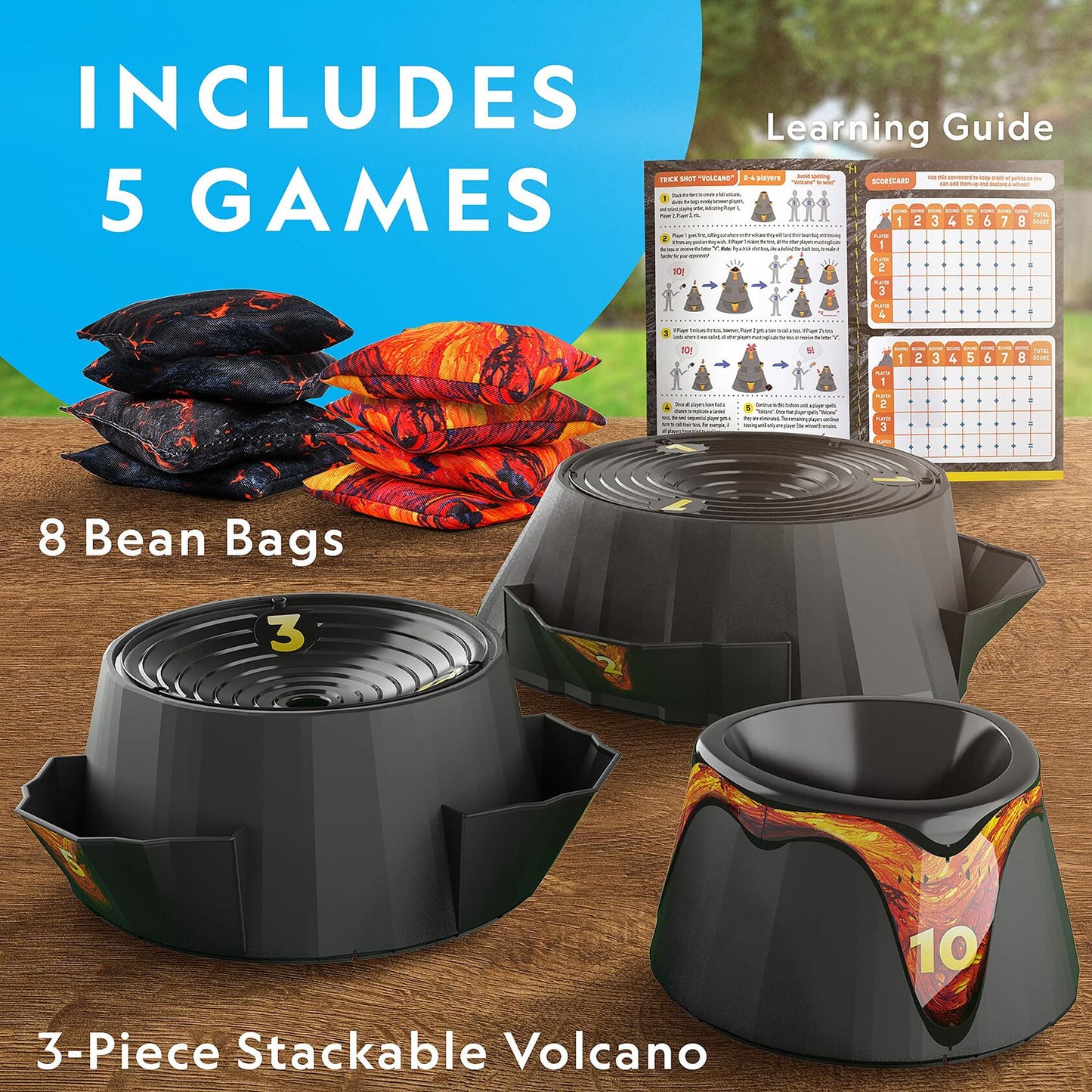 NATIONAL GEOGRAPHIC Volcano Bean Bag Toss Backyard Game Set - 5 Games, Bean Bags for Tossing, Yard Games for Kids, Outdoor Games, Patio Games