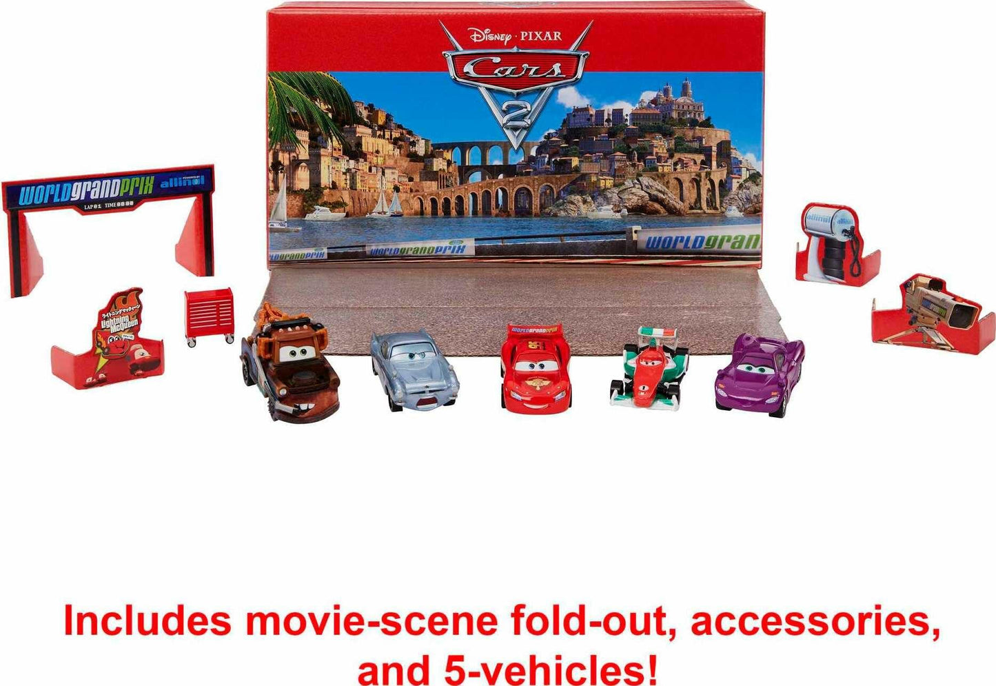 Disney Pixar Cars 2 Vehicle Set of 5 Collectible Character Toy Cars with Die-Cast Tool Cart