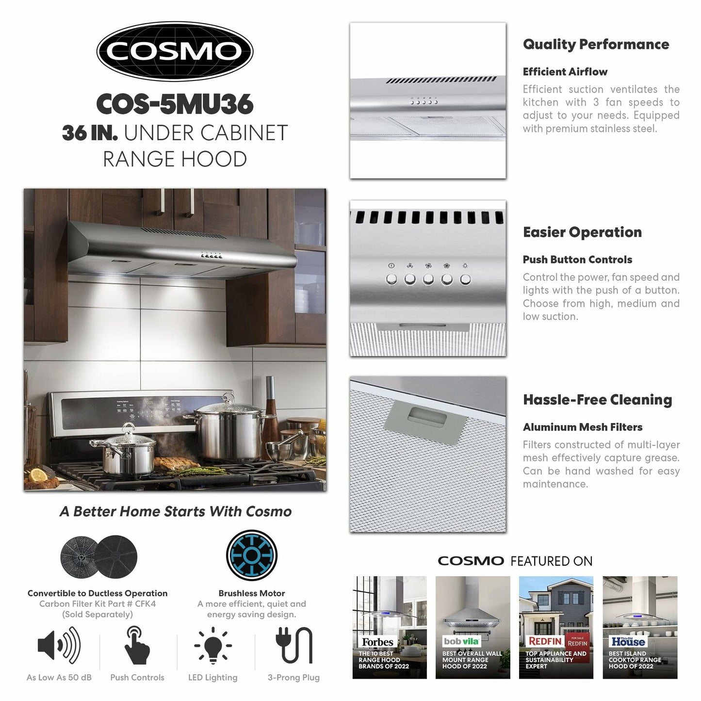 Cosmo COS-5MU36 36" 200 CFM Under Cabinet Range Hood Kitchen Hood in Stainless Steel