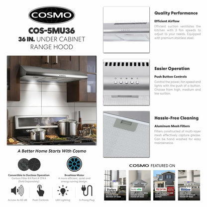 Cosmo COS-5MU36 36" 200 CFM Under Cabinet Range Hood Kitchen Hood in Stainless Steel