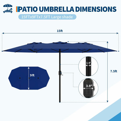 Double-Side Rectangular Pool Umbrella With Base Included, 15 ft Large Patio Umbrella with Base Included, Outdoor Market Umbrellas for Poolside Lawn Backyard
