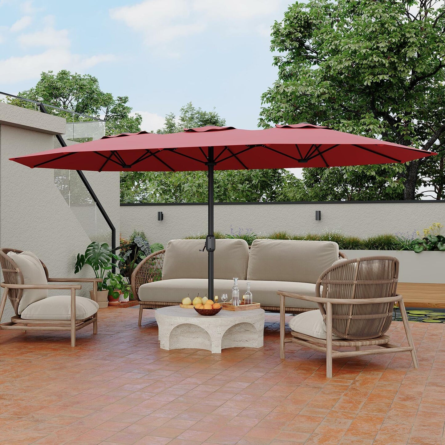 Double-Side Rectangular Pool Umbrella, 15 ft Large Patio Umbrella with Base Included, Outdoor Market Umbrellas for Poolside Lawn Backyard