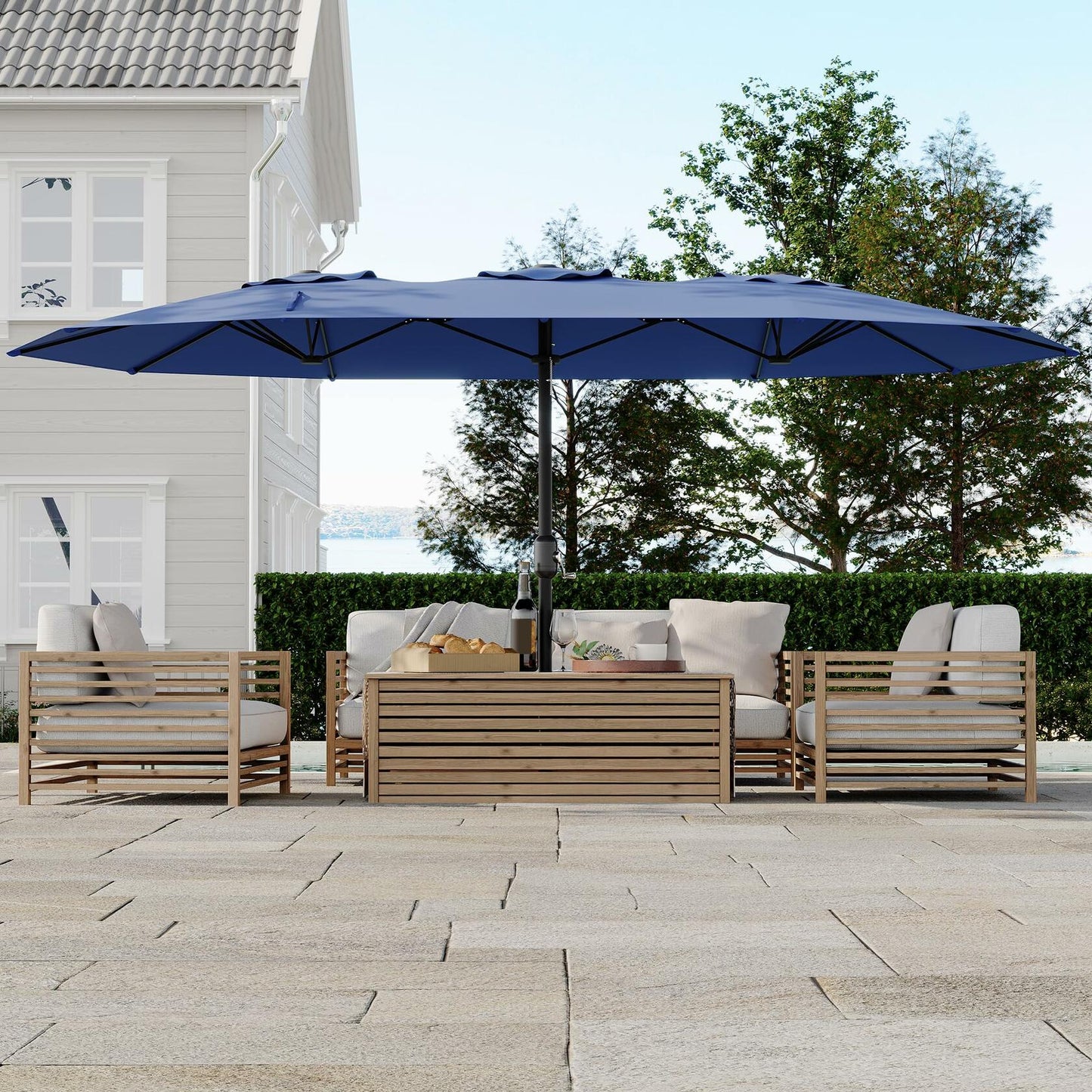Double-Side Rectangular Pool Umbrella With Base Included, 15 ft Large Patio Umbrella with Base Included, Outdoor Market Umbrellas for Poolside Lawn Backyard