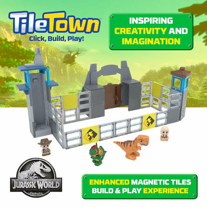Tile Town Jurassic World Gate Escape Magnetic Tiles Set, 84 Piece Interactive Dinosaur STEM Toys Playset, Magnetic Animal Tiles for Kids Ages 3-6