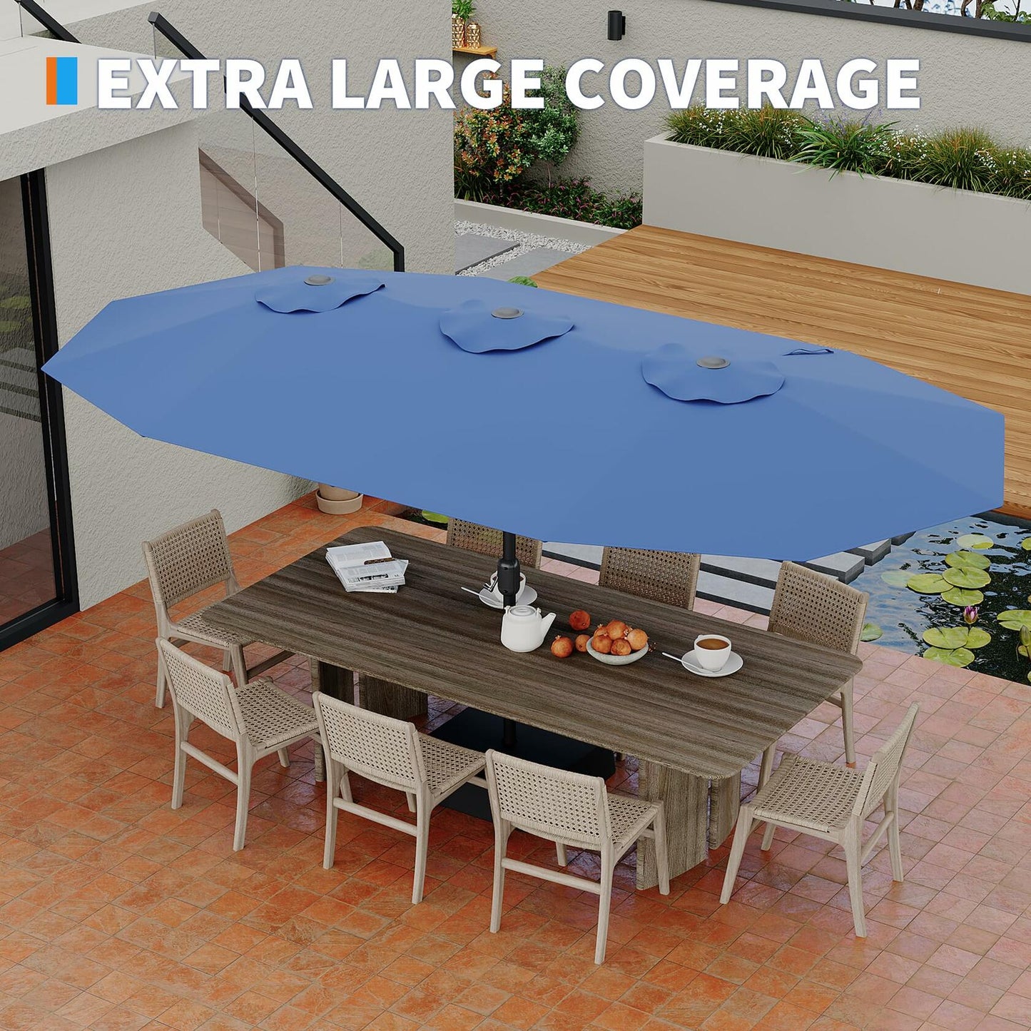 Double-Side Rectangular Pool Umbrella With Base Included, 15 ft Large Patio Umbrella with Base Included, Outdoor Market Umbrellas for Poolside Lawn Backyard