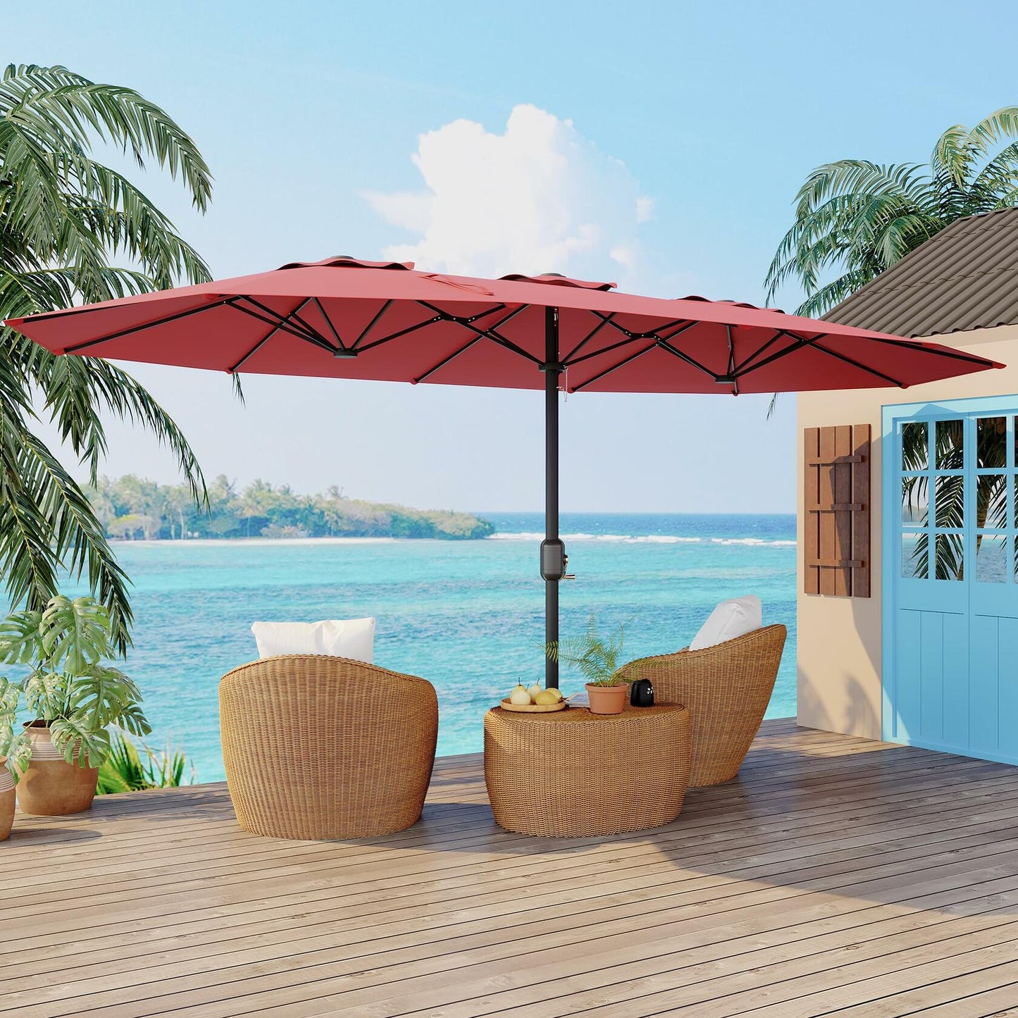 Double-Side Rectangular Pool Umbrella, 15 ft Large Patio Umbrella with Base Included, Outdoor Market Umbrellas for Poolside Lawn Backyard