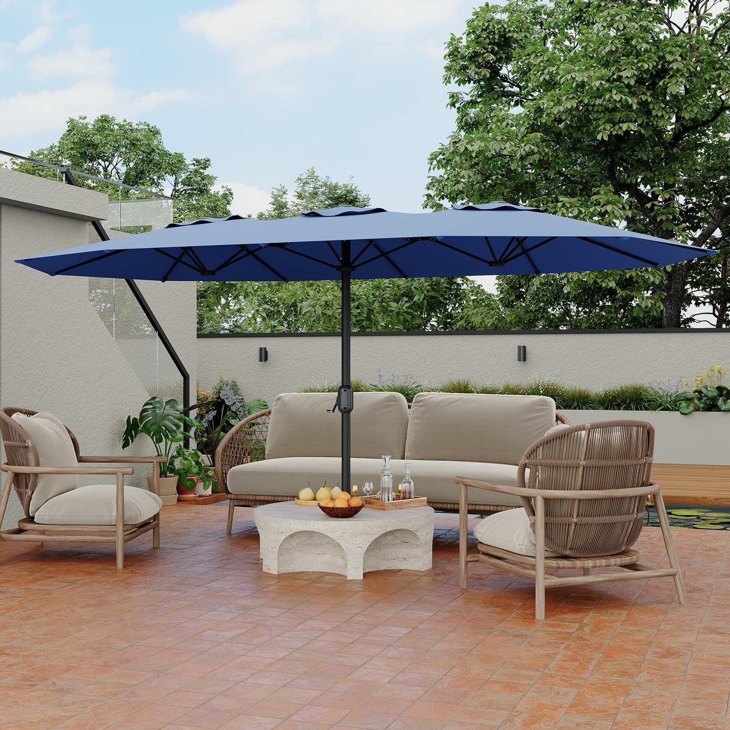 Double-Side Rectangular Pool Umbrella With Base Included, 15 ft Large Patio Umbrella with Base Included, Outdoor Market Umbrellas for Poolside Lawn Backyard