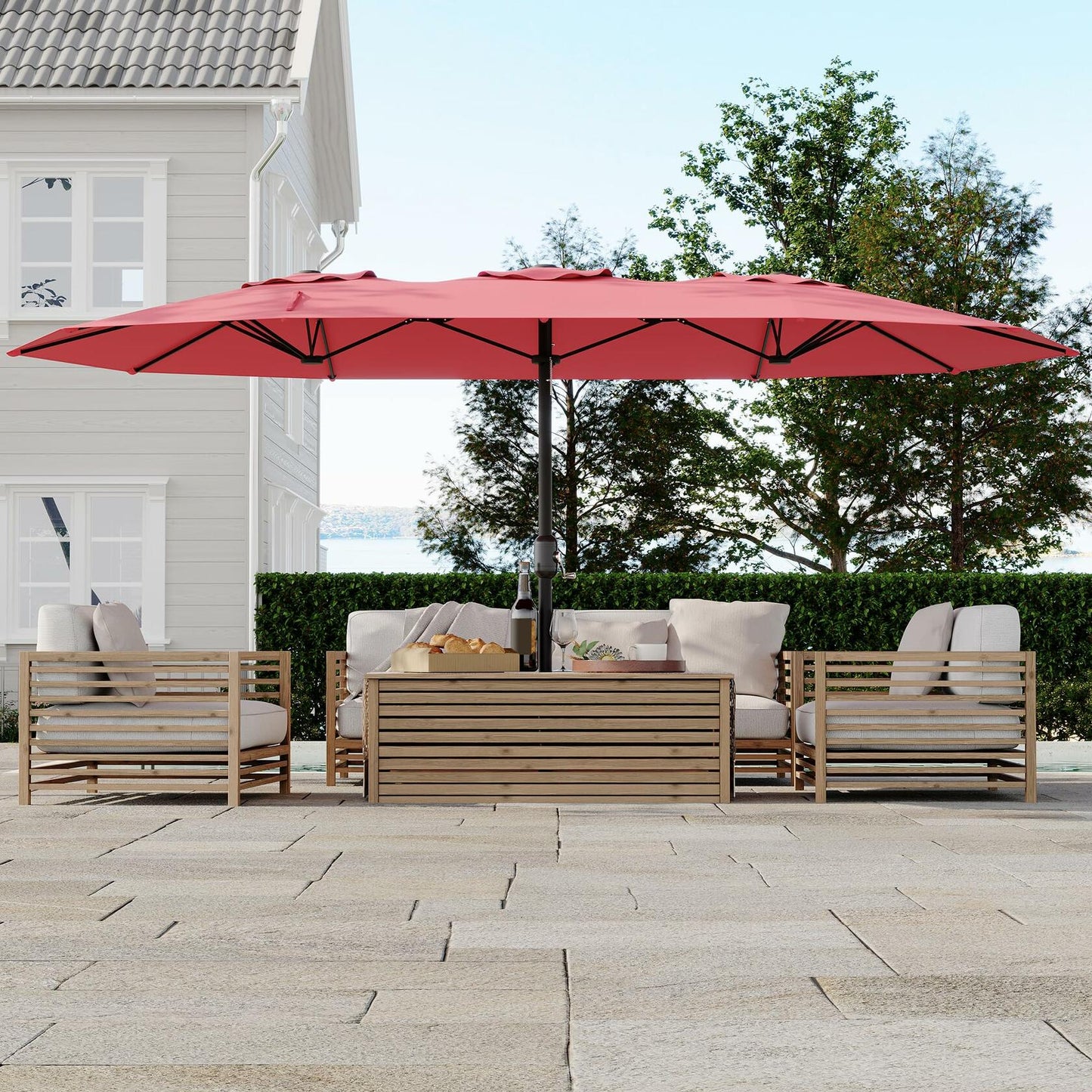 Double-Side Rectangular Pool Umbrella, 15 ft Large Patio Umbrella with Base Included, Outdoor Market Umbrellas for Poolside Lawn Backyard
