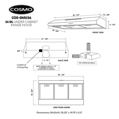Cosmo COS-5MU36 36" 200 CFM Under Cabinet Range Hood Kitchen Hood in Stainless Steel