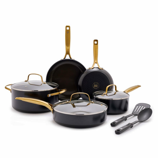 Blue Diamond Gold 10 Piece Cookware Pots and Pans Set, Induction Suitable, Diamond Infused PFAS and PFOA-Free Ceramic Nonstick, Durable, Metal Utensil Safe, Dishwasher Safe, Gold Handle, Black