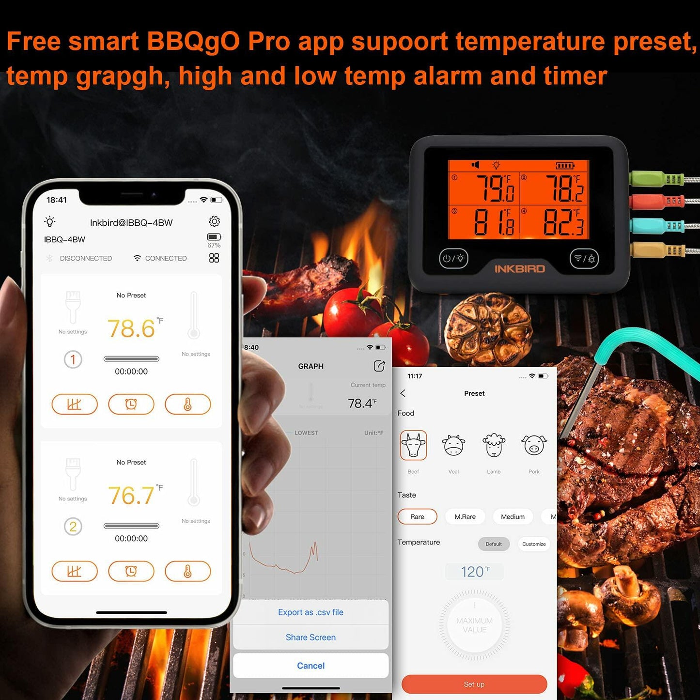 Bluetooth and WiFi Meat Thermometer IBBQ-4BW, Smart Wireless Grill Thermometer, 4 Color Probes | Mobile Notification, High/Low Timer, Rechargeable Digital Bluetooth Thermometer for Smoker Oven Kitchen