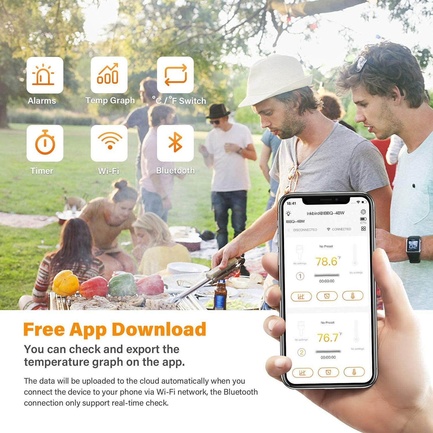 Bluetooth and WiFi Meat Thermometer IBBQ-4BW, Smart Wireless Grill Thermometer, 4 Color Probes | Mobile Notification, High/Low Timer, Rechargeable Digital Bluetooth Thermometer for Smoker Oven Kitchen