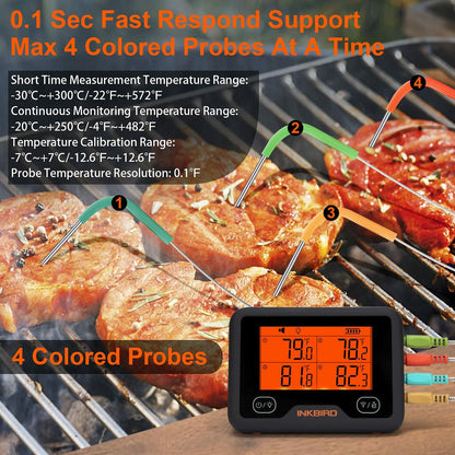 Bluetooth and WiFi Meat Thermometer IBBQ-4BW, Smart Wireless Grill Thermometer, 4 Color Probes | Mobile Notification, High/Low Timer, Rechargeable Digital Bluetooth Thermometer for Smoker Oven Kitchen