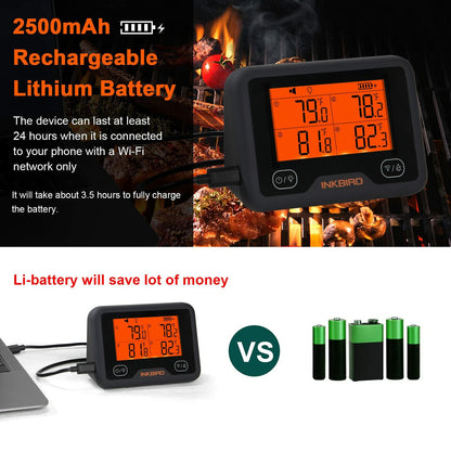 Bluetooth and WiFi Meat Thermometer IBBQ-4BW, Smart Wireless Grill Thermometer, 4 Color Probes | Mobile Notification, High/Low Timer, Rechargeable Digital Bluetooth Thermometer for Smoker Oven Kitchen